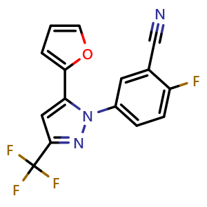 Chemical structure of 1-(3-cyano-4-fluorophenyl)-3-(trifluoromethyl)-5-(2-furyl)pyrazole , CAS 218301-47-4, AChemBlock AD289574