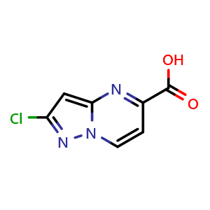 Chemical structure of 2-chloropyrazolo[1,5-a]pyrimidine-5-carboxylic acid , CAS 1785318-17-3, AChemBlock AD289582