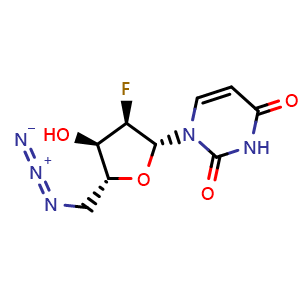 Chemical structure of 1-((2R,3R,4R,5R)-5-(azidomethyl)-3-fluoro-4-hydroxytetrahydrofuran-2-yl)pyrimidine-2,4(1H,3H)-dione , CAS 1012080-88-4, AChemBlock AD289609