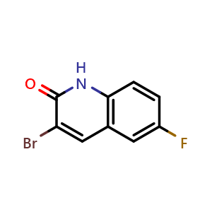 Chemical structure of 3-Bromo-6-fluoroquinolin-2(1H)-one , CAS 1379320-33-8, AChemBlock AD289650