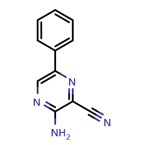 Chemical structure of 3-amino-6-phenylpyrazine-2-carbonitrile , CAS 50627-25-3, AChemBlock AD289786
