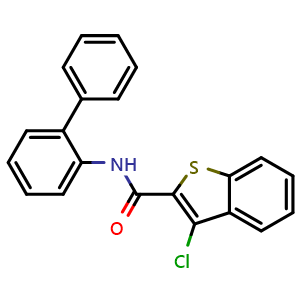 Chemical structure of N-([1,1'-biphenyl]-2-yl)-3-chlorobenzo[b]thiophene-2-carboxamide , CAS 332156-26-0, AChemBlock AD289788