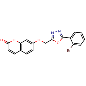 Chemical structure of 7-((5-(2-Bromophenyl)-1,3,4-oxadiazol-2-yl)methoxy)-2H-chromen-2-one , CAS 784169-89-7, AChemBlock AD289825