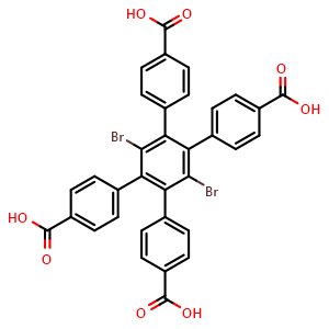 Chemical structure of 3',6'-Dibromo-4',5'-bis(4-carboxyphenyl)-[1,1':2',1''-terphenyl]-4,4''-dicarboxylic acid , CAS 1206802-27-8, AChemBlock AD289920