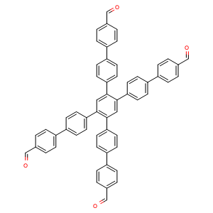 Chemical structure of 4'',5''-Bis(4'-formyl-[1,1'-biphenyl]-4-yl)-[1,1':4',1'':2'',1''':4''',1''''-quinquephenyl]-4,4''''-dicarbaldehyde , CAS 2376339-70-5, AChemBlock AD289925