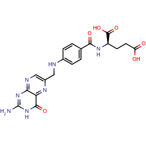Chemical structure of (4-(((2-Amino-4-oxo-3,4-dihydropteridin-6-yl)methyl)amino)benzoyl)-d-glutamic acid , CAS 65165-91-5, AChemBlock AD289941