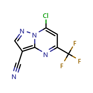 Chemical structure of 7-Chloro-5-(Trifluoromethyl)pyrazolo[1,5-a]pyrimidine-3-carbonitrile , CAS 1131604-90-4, AChemBlock AD290069