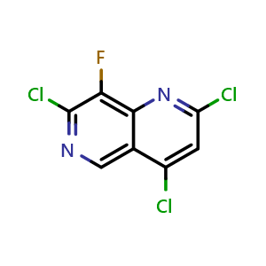 Chemical structure of 2,4,7-trichloro-8-fluoro-1,6-naphthyridine , CAS 2892635-63-9, AChemBlock AD290077