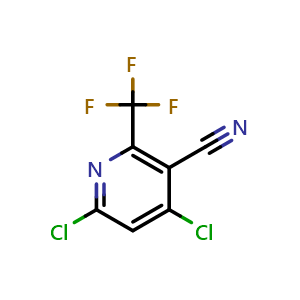 Chemical structure of 4,6-dichloro-2-(trifluoromethyl)nicotinonitrile , CAS 3034996-30-7, AChemBlock AD290149