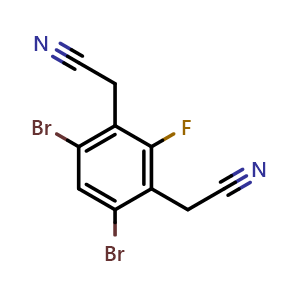 Chemical structure of 2,2'-(4,6-Dibromo-2-fluoro-1,3-phenylene)diacetonitrile , CAS 2789616-13-1, AChemBlock AD290156