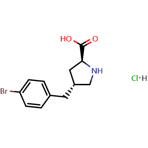 Chemical structure of (2S,4R)-4-(4-bromobenzyl)pyrrolidine-2-carboxylic acid hydrochloride , CAS 1049734-21-5, AChemBlock AD290160