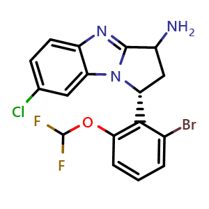 Chemical structure of (1R)-1-[2-Bromo-6-(difluoromethoxy)phenyl]-7-chloro-2,3-dihydro-1H-benzo[d]pyrrolo[1,2-a]imidazol-3-amine , CAS 3039517-14-8, AChemBlock AD290168