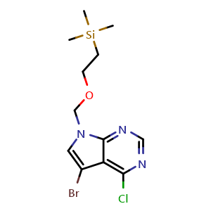 Chemical structure of 5-bromo-4-chloro-7-((2-(trimethylsilyl)ethoxy)methyl)-7H-pyrrolo[2,3-d]pyrimidine , CAS 1034769-73-7, AChemBlock AD290195