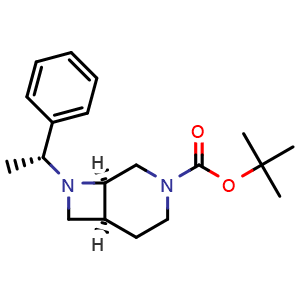 Chemical structure of (1R,6S)-3-Boc-8-[(R)-1-phenylethyl]-3,8-diazabicyclo[4.2.0]octane , CAS 923956-65-4, AChemBlock AD290211