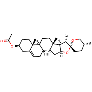 Chemical structure of (4S,5'R,6aR,6bS,8aS,8bR,9S,10R,11aS,12aS,12bS)-5',6a,8a,9-tetramethyl-1,3,3',4,4',5,5',6,6a,6b,6',7,8,8a,8b,9,11a,12,12a,12b-icosahydrospiro[naphtho[2',1':4,5]indeno[2,1-b]furan-10,2'-pyran]-4-yl acetate , CAS 1061-54-7, AChemBlock AD290242