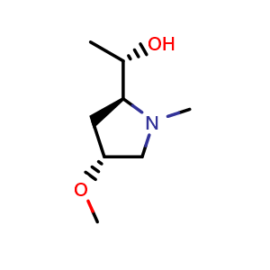 Chemical structure of (S)-1-[(2S,4R)-4-Methoxy-1-methyl-2-pyrrolidinyl]ethanol , CAS 2936670-90-3, AChemBlock AD290266