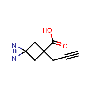 Chemical structure of 5-(Prop-2-yn-1-yl)-1,2-diazaspiro[2.3]hex-1-ene-5-carboxylic acid , CAS 2384877-68-1, AChemBlock AD290295