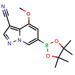Chemical structure of 4-Methoxy-6-(4,4,5,5-tetramethyl-1,3,2-dioxaborolan-2-yl)pyrazolo[1,5-a]pyridine-3-carbonitrile , CAS 2305070-02-2, AChemBlock AD290328