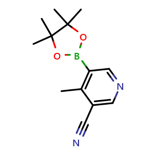 Chemical structure of 4-Methyl-5-(4,4,5,5-tetramethyl-1,3,2-dioxaborolan-2-yl)nicotinonitrile , CAS 1624715-00-9, AChemBlock AD290330