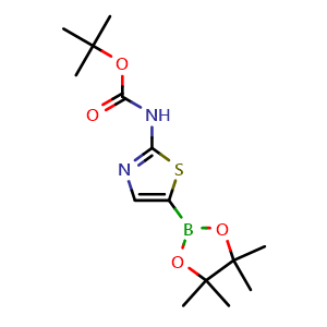 Chemical structure of tert-butyl N-[5-(4,4,5,5-tetramethyl-1,3,2-dioxaborolan-2-yl)-1,3-thiazol-2-yl]carbamate , CAS 1245252-99-6, AChemBlock AD290332