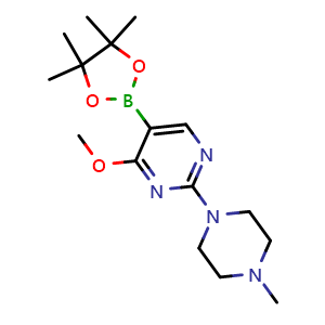 Chemical structure of 4-Methoxy-2-(4-methylpiperazin-1-yl)-5-(4,4,5,5-tetramethyl-1,3,2-dioxaborolan-2-yl)pyrimidine , CAS 1684430-50-9, AChemBlock AD290333