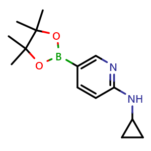 Chemical structure of N-cyclopropyl-5-(4,4,5,5-tetramethyl-1,3,2-dioxaborolan-2-yl)pyridin-2-amine , CAS 2096334-77-7, AChemBlock AD290339