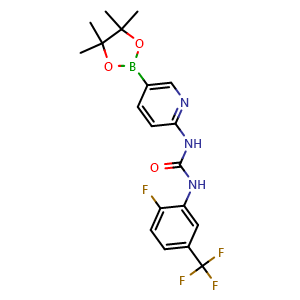 Chemical structure of 1-(2-Fluoro-5-(trifluoromethyl)phenyl)-3-(5-(4,4,5,5-tetramethyl-1,3,2-dioxaborolan-2-yl)pyridin-2-yl)urea , CAS 890435-03-7, AChemBlock AD290340