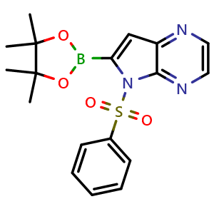 Chemical structure of 5-(phenylsulfonyl)-6-(4,4,5,5-tetramethyl-1,3,2-dioxaborolan-2-yl)-5H-pyrrolo[3,2-b]pyrazine , CAS 1350994-87-4, AChemBlock AD290347