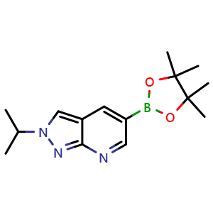 Chemical structure of 2-isopropyl-5-(4,4,5,5-tetramethyl-1,3,2-dioxaborolan-2-yl)-2H-pyrazolo[3,4-b]pyridine , CAS 3063003-52-8, AChemBlock AD290349