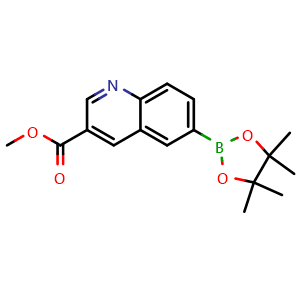 Chemical structure of Methyl 6-(4,4,5,5-tetramethyl-1,3,2-dioxaborolan-2-yl)quinoline-3-carboxylate , CAS 1220418-81-4, AChemBlock AD290351