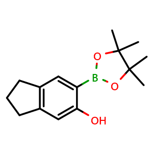 Chemical structure of 6-(4,4,5,5-Tetramethyl-1,3,2-dioxaborolan-2-yl)indan-5-ol , CAS 2795101-93-6, AChemBlock AD290354