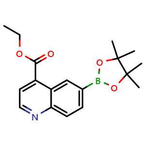 Chemical structure of Ethyl 6-(4,4,5,5-tetramethyl-1,3,2-dioxaborolan-2-yl)quinoline-4-carboxylate , CAS 1942056-54-3, AChemBlock AD290356