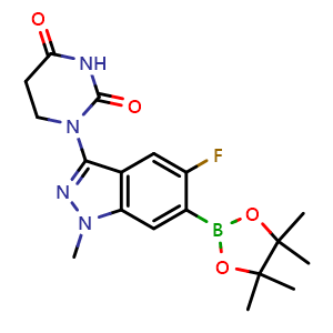 Chemical structure of 1-(5-Fluoro-1-methyl-6-(4,4,5,5-tetramethyl-1,3,2-dioxaborolan-2-yl)-1H-indazol-3-yl)dihydropyrimidine-2,4(1H,3H)-dione , CAS 2760850-51-7, AChemBlock AD290358