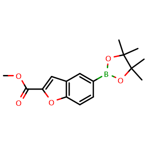 Chemical structure of Methyl 5-(tetramethyl-1,3,2-dioxaborolan-2-yl)-1-benzofuran-2-carboxylate , CAS 1820715-36-3, AChemBlock AD290363