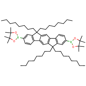 Chemical structure of 2,2'-(6,6,12,12-Tetraoctyl-6,12-dihydroindeno[1,2-b]fluorene-2,8-diyl)bis(4,4,5,5-tetramethyl-1,3,2-dioxaborolane) , CAS 628303-20-8, AChemBlock AD290369