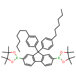 Chemical structure of 2,2'-(9,9-Bis(4-hexylphenyl)-9H-fluorene-2,7-diyl)bis(4,4,5,5-tetramethyl-1,3,2-dioxaborolane) , CAS 1206875-64-0, AChemBlock AD290373