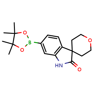 Chemical structure of 6-(4,4,5,5-Tetramethyl-1,3,2-dioxaborolan-2-yl)-2',3',5',6'-tetrahydrospiro[indoline-3,4'-pyran]-2-one , CAS 1190861-50-7, AChemBlock AD290374