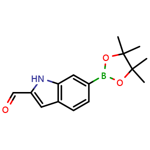 Chemical structure of 6-(4,4,5,5-Tetramethyl-1,3,2-dioxaborolan-2-yl)-1H-indole-2-carbaldehyde , CAS 2259856-53-4, AChemBlock AD290378