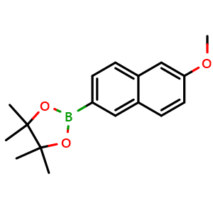 Chemical structure of 2-(6-Methoxynaphthalen-2-yl)-4,4,5,5-tetramethyl-1,3,2-dioxaborolane , CAS 269410-13-1, AChemBlock AD290380