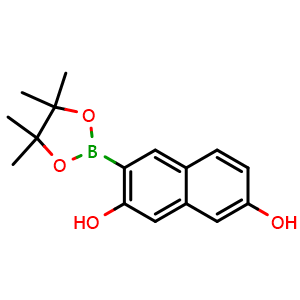 Chemical structure of 3-(4,4,5,5-Tetramethyl-1,3,2-dioxaborolan-2-yl)naphthalene-2,7-diol , CAS 2451500-46-0, AChemBlock AD290389