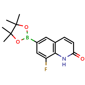 Chemical structure of 8-Fluoro-6-(4,4,5,5-tetramethyl-1,3,2-dioxaborolan-2-yl)quinolin-2(1H)-one , CAS 2377233-79-7, AChemBlock AD290390