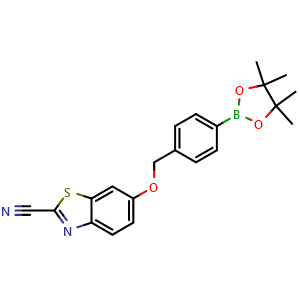 Chemical structure of 6-((4-(4,4,5,5-Tetramethyl-1,3,2-dioxaborolan-2-yl)benzyl)oxy)benzo[d]thiazole-2-carbonitrile , CAS 1344979-77-6, AChemBlock AD290400