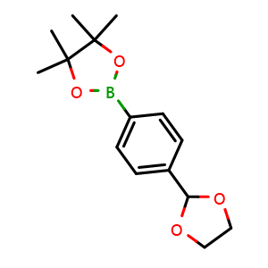 Chemical structure of 2-(4-(1,3-Dioxolan-2-yl)phenyl)-4,4,5,5-tetramethyl-1,3,2-dioxaborolane , CAS 1365243-34-0, AChemBlock AD290404