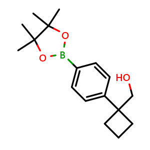 Chemical structure of (1-(4-(4,4,5,5-Tetramethyl-1,3,2-dioxaborolan-2-yl)phenyl)cyclobutyl)methanol , CAS 1398331-84-4, AChemBlock AD290409