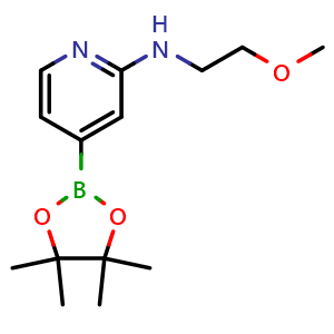 Chemical structure of N-(2-methoxyethyl)-4-(4,4,5,5-tetramethyl-1,3,2-dioxaborolan-2-yl)pyridin-2-amine , CAS 1356544-35-8, AChemBlock AD290421