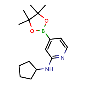 Chemical structure of N-cyclopentyl-4-(4,4,5,5-tetramethyl-1,3,2-dioxaborolan-2-yl)pyridin-2-amine , CAS 1346808-54-5, AChemBlock AD290422