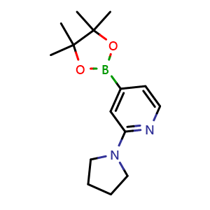 Chemical structure of 2-(Pyrrolidin-1-yl)pyridine-4-boronic Acid Pinacol Ester , CAS 1259445-03-8, AChemBlock AD290424