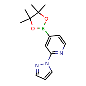 Chemical structure of 2-(1H-pyrazol-1-yl)-4-(4,4,5,5-tetramethyl-1,3,2-dioxaborolan-2-yl)pyridine , CAS 1350918-90-9, AChemBlock AD290425