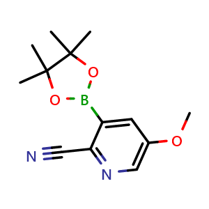 Chemical structure of 5-Methoxy-3-(4,4,5,5-tetramethyl-1,3,2-dioxaborolan-2-yl)picolinonitrile , CAS 3028866-67-0, AChemBlock AD290428