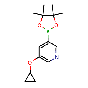 Chemical structure of 5-cyclopropoxypyridin-3-ylboronic acid pinacol ester , CAS 2096341-47-6, AChemBlock AD290431